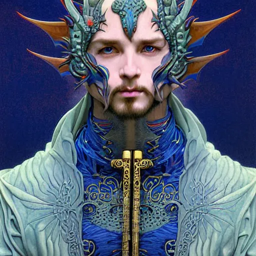 Image similar to half length portrait of a medieval fantasy anthropomorphic male blue dragon with electrcity magic, fantasy, d & d, high details, art by ( ( ( kuvshinov ilya ) ) ) and wayne barlowe and gustav klimt and artgerm and wlop and william - adolphe bouguereau