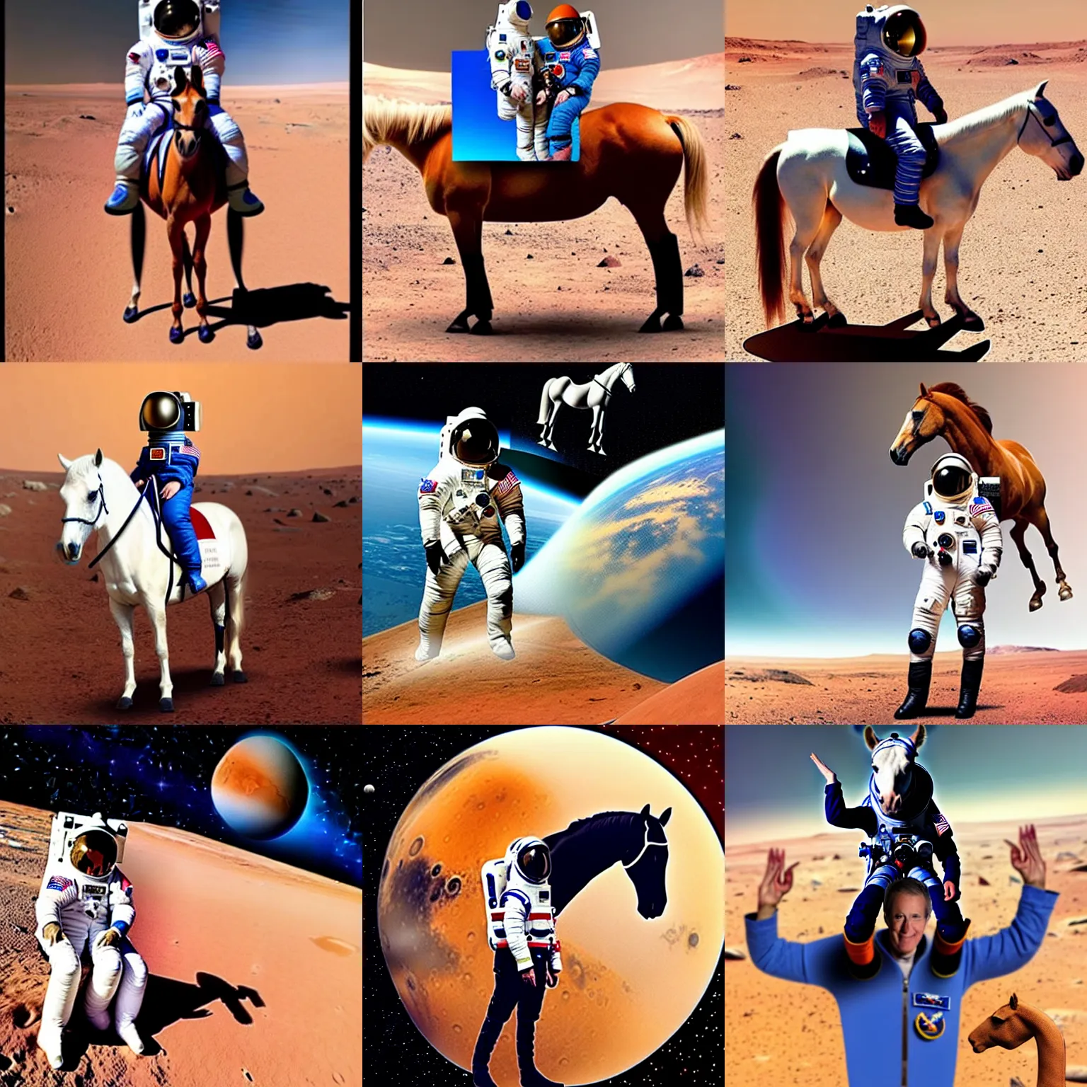 Prompt: guy with horse head sitting on shoulders of astronaut, mars vacation photo, horse sitting on astronaut back, meanwhile in a parallel universe