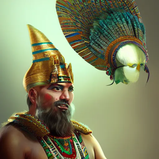 Prompt: a man in a costume with feathers on his head, egyptian art by senior character artist, cgsociety, fantasy art, made of feathers, egyptian art, concept art