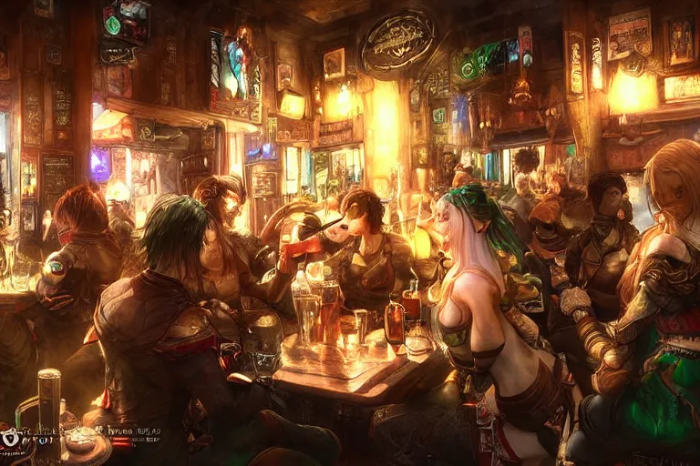 Prompt: warriors drinking in an irish pub, digital art, beautiful lighting, by Yoshitaka Amano, happy atmosphere, trending on artstation