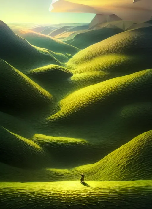 Image similar to a hyper - detailed 3 d render like a oil painting of spring in the low - poly hills, surrealism!!!!! surreal concept art, lifelike, photorealistic, digital painting, aesthetic, smooth, sharp focus, artstation hd, by greg rutkowski, chris tulloch mccabe, valentina remenar,, krenz cushart and asher duran,