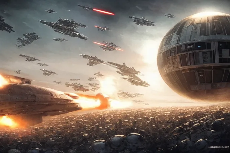 Image similar to ultra realistic, cinematic, detailed, deep focus, movie still, dramatic lighting, ray tracing, artgerm and greg rutkowski concept art for scene : the death star is rocked by explosions as the rebel fleet zooms over, unloading a heavy barrage. luke struggles to carry the enormous weight of his father's dying body toward an imperial shuttle.