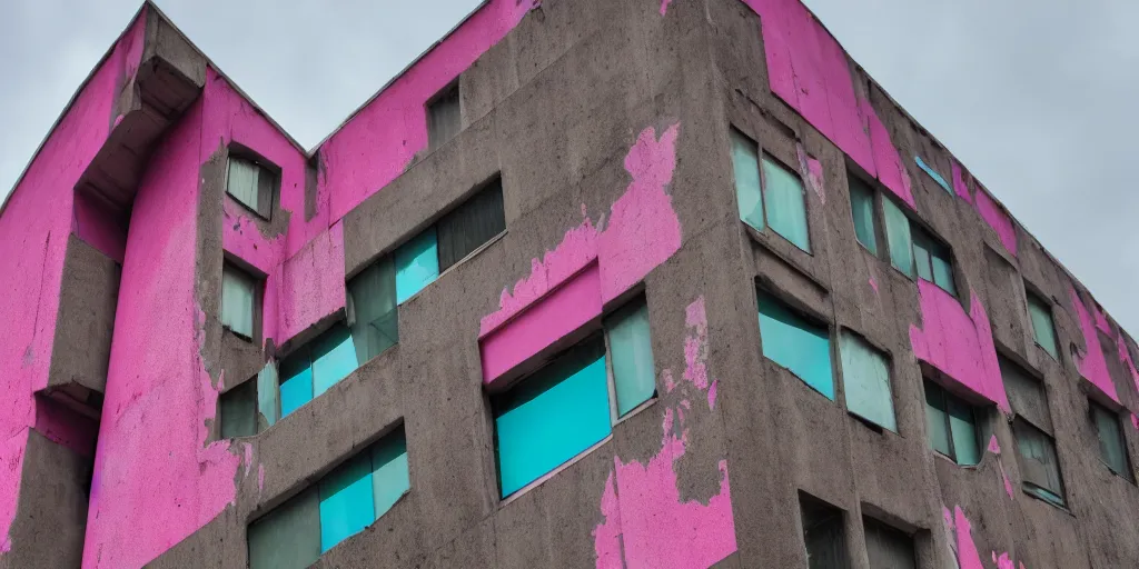 Prompt: a photo of a brutalist building ruins with accents of pink and cyan. dark and moody.