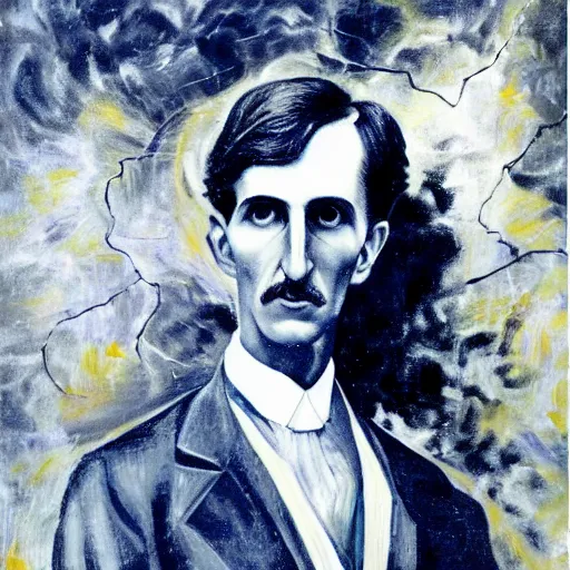 Image similar to An abstract painting of young Nikola Tesla, the background is filled with explosion of electricity