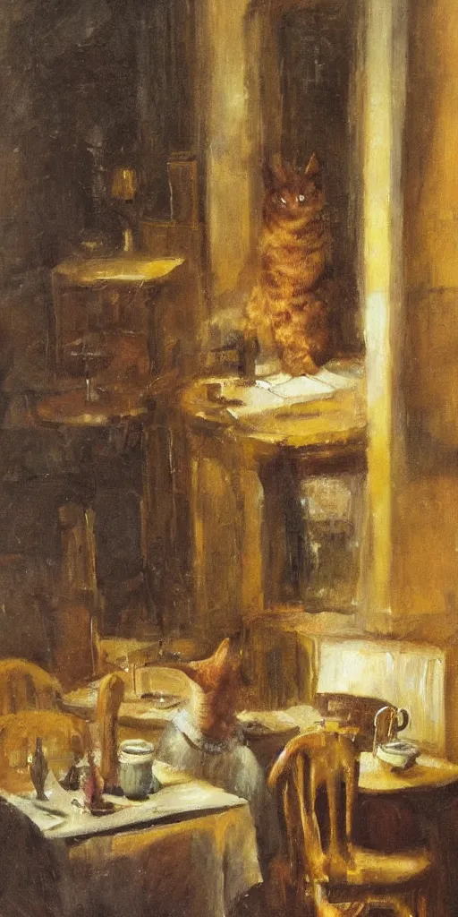 Image similar to brown cat with yellow eyes is sitting at table in a cafe at paris in early 2 0 th century. atmospheric feeling, warm colours, brown colours, yellow colours, epic scene, cinematic, very detailed, oil painting
