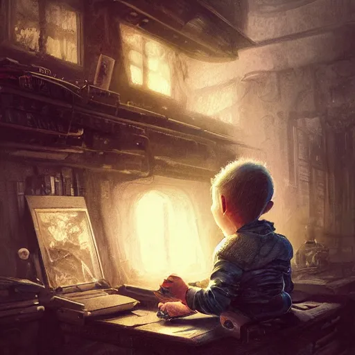 Prompt: a child sits in front of a computer as their imagination spills onto the screen, detailed intricate ink illustration, dark atmosphere, detailed illustration, hd, 4k, digital art, overdetailed art, concept art, by greg rutkowski, by loish, complementing colors, Trending on artstation, deviantart