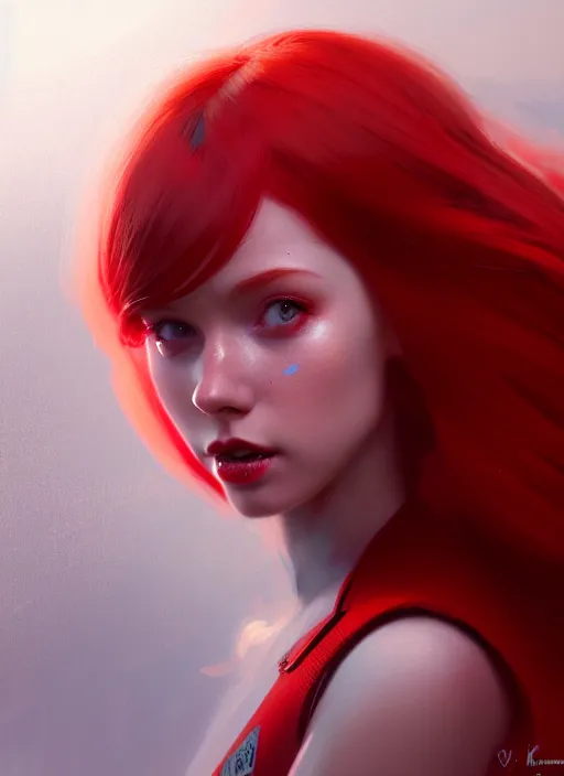 Prompt: a beautiful red - haired girl dressed as a superhero, intricate, elegant, highly detailed, digital painting, artstation, concept art, smooth, sharp focus, illustration, ethereal, misty, by ilya kuvshinov and jeremy mann, 8 k, octane render