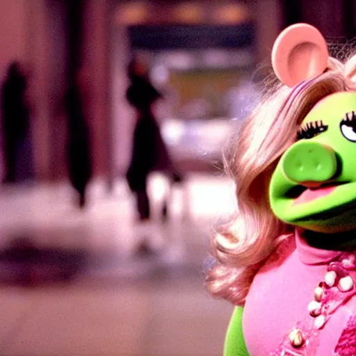 Image similar to movie still of miss piggy starring as trinity in the matrix movie