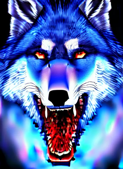 Prompt: blue wolf with red eyes, blue fur highly detailed, deep focus, digital painting, smooth, sharp focus, anime art style, trending on artstation, 4 k