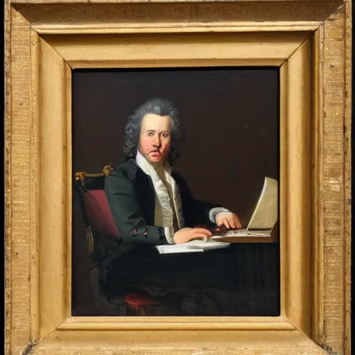Prompt: 18th century portrait of a man sitting at his desk, frustrated with his computer, oil painting, very detailed, 4k, brush strokes