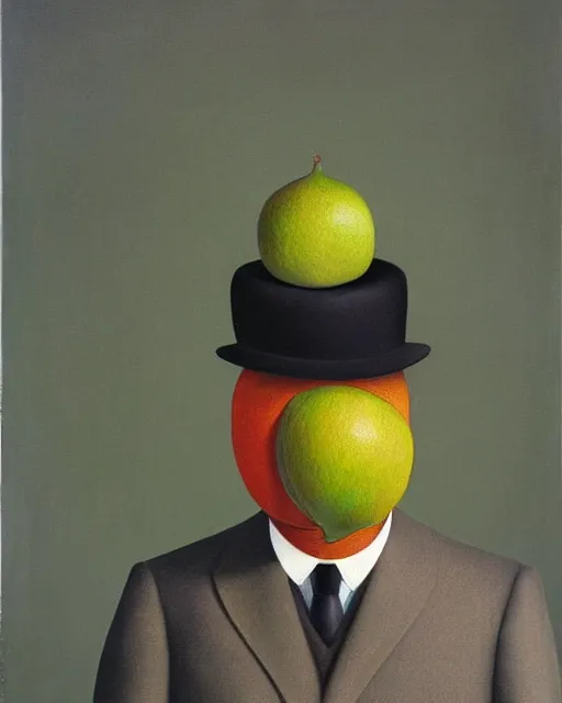 Prompt: painting of a man with a kiwifruit covering his face, wearing a bowler hat and overcoat and necktie, oil on canvas, style of Rene Magritte, by René Magritte