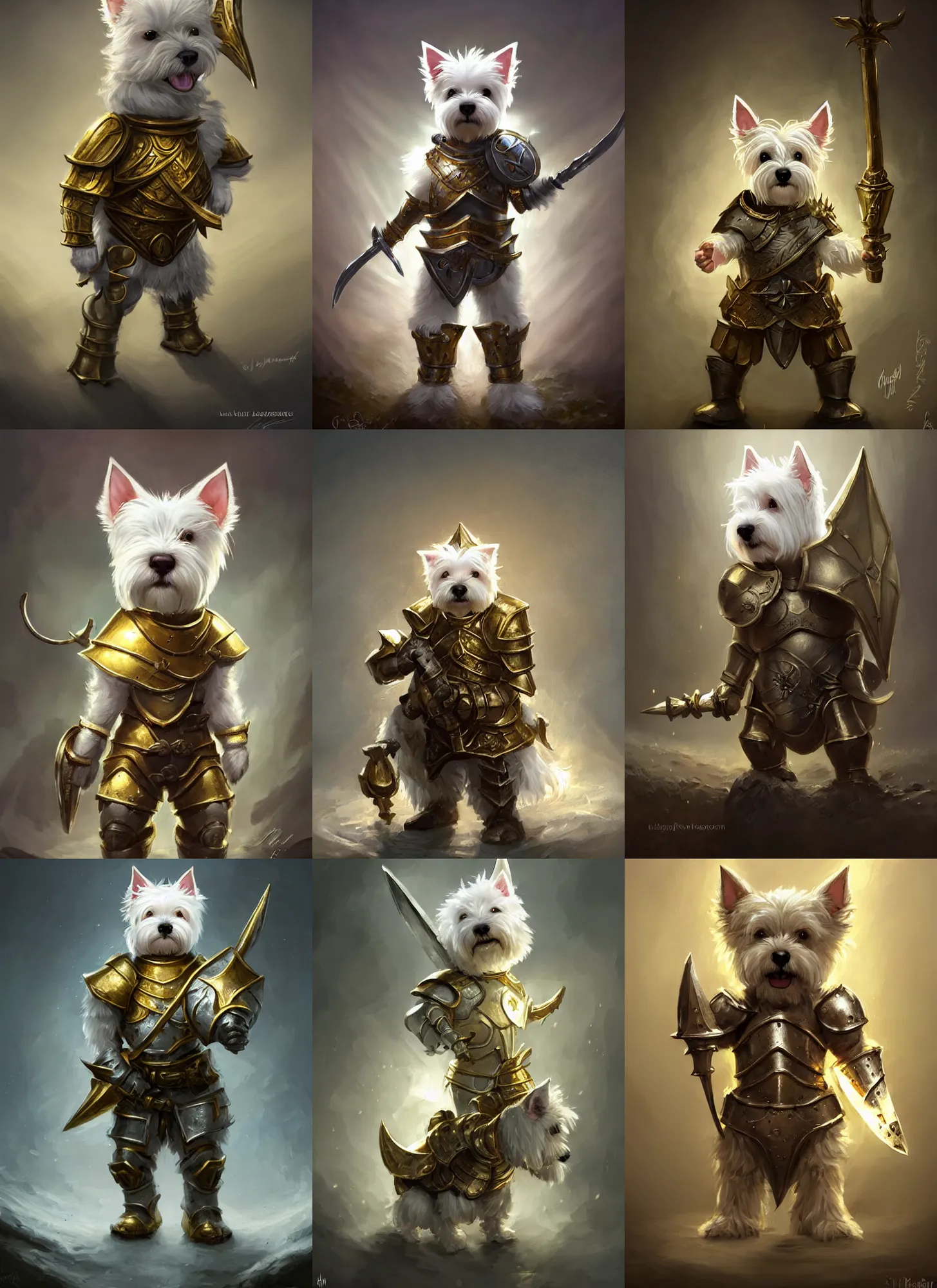 Prompt: A cute little anthropomorphic west highland white terrier knight wearing gold body armor, joy, short, baby animal, DnD character art portrait, ultra realistic, ultra detailed, cinematic lighting, epic lighting, volumetric light, DeviantArt Artstation, by Jason Felix by Steve Argyle by Tyler Jacobson by Peter Mohrbacher