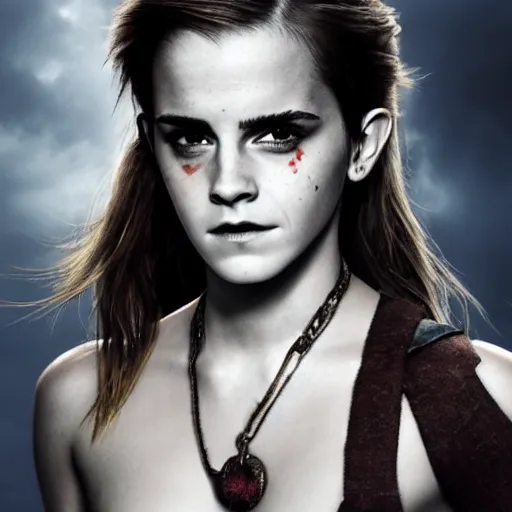 Prompt: Emma Watson as Kratos, brutal, portrait