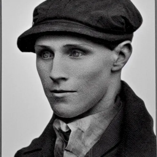 Image similar to A photograph portrait of Jerma985 wearing a newsboy cap in the early 1900s, taken in the early 1900s, grainy, taken on a early 1900s Kodak Camera, realistic, hyperrealistic, very realistic, highly detailed, very detailed, extremely detailed, detailed, digital art, trending on artstation