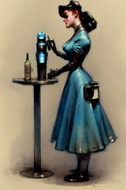 Image similar to ( ( ( ( ( 1 9 5 0 s retro future robot android west world bar maid. muted colors. ) ) ) ) ) by jean - baptiste monge!!!!!!!!!!!!!!!!!!!!!!!!!!!!!!