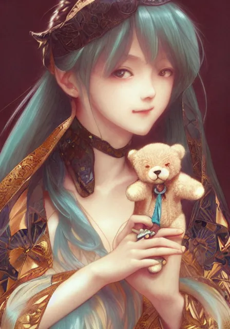 Image similar to hatsune miku holding a teddy bear, intricate, elegant, highly detailed, digital painting, artstation, concept art, smooth, sharp focus, illustration, art by artgerm and greg rutkowski and alphonse mucha and william - adolphe bouguereau