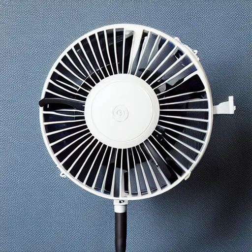 Image similar to desk fan with a tube attached to the back going all the way up to the cealing but not attached to the ceiling, professional photography, studio lighting