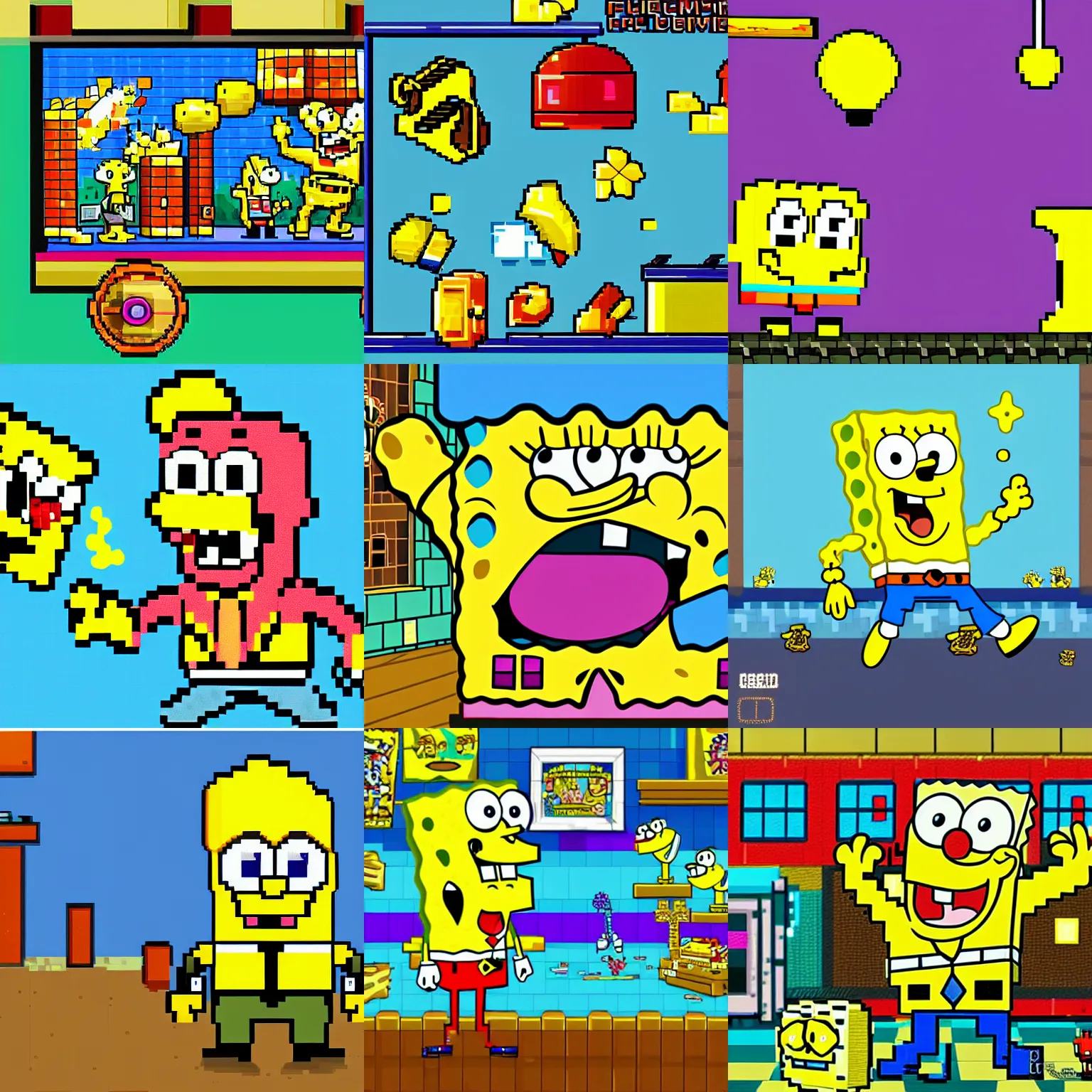 Prompt: spongebob, fantastic lighting, arcade, videogame, pixel art, high detail, 1 6 bits, 2 d, sprite