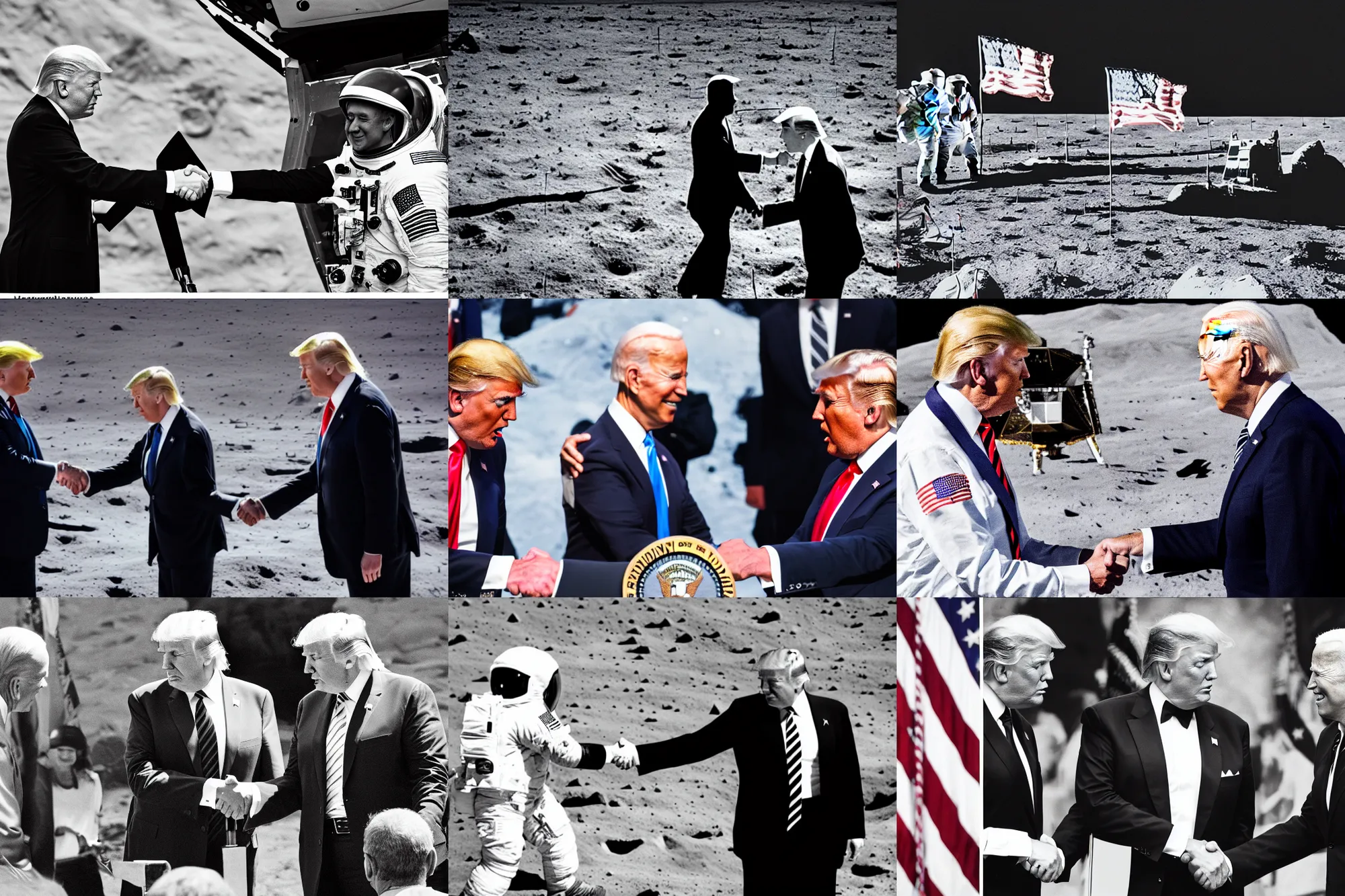 Image similar to lens camera photo cinematic portrait donald trump shaking hands with joe biden on the moon, award winning