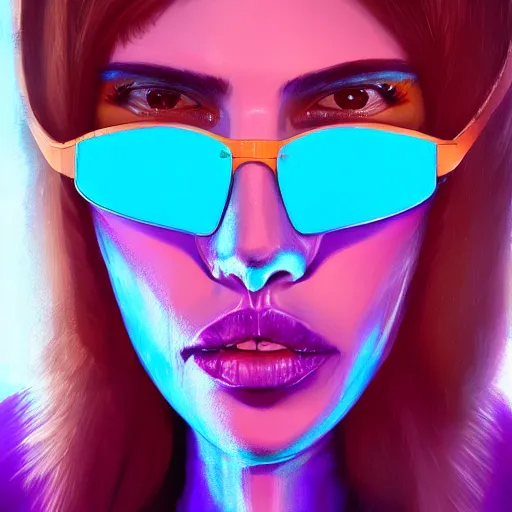 Image similar to closeup painting of a very beautiful young mexican cyberpunk woman with a smirk, wearing light blue shades and a purple leather jacket collar, one side haircut, long brown hair with light blue ends, portrait, hyperdetailed, artstation, cgsociety, 8 k, synthwave by tangerine dream