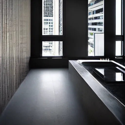 Image similar to “extravagant luxury apartment interior design, in Sydney, by Tadao Ando and Koichi Takada, art, black walls”