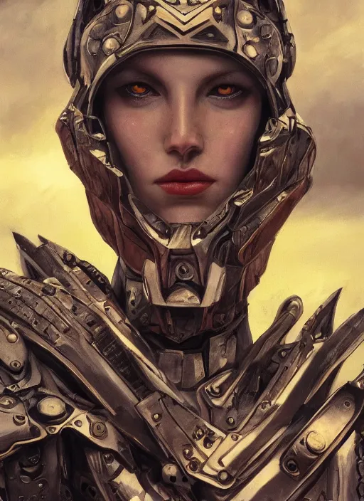 Image similar to symmetry! closeup portrait of a biblical diabolical hunter model girl, fashon cyborg armor, in clouds, strong studio lights, thunder, rain! storm, sunset, by gerald brom, by mikhail vrubel, by peter elson, high contrast, muted colors, extreme detail, mirrors, trending on artstation, 8 k