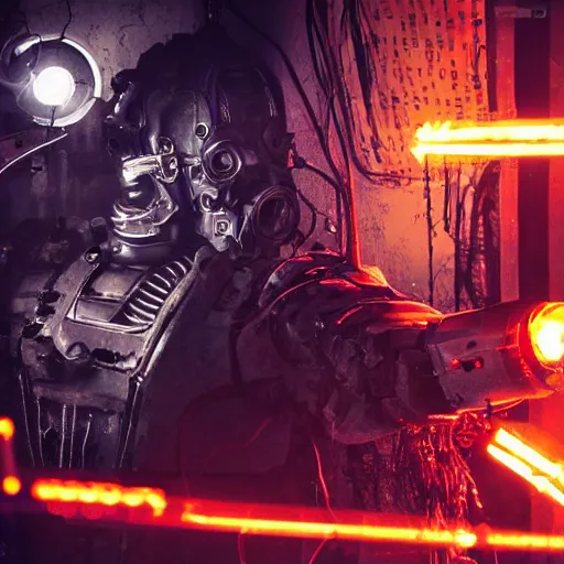 Prompt: cyborg with gatlinger gun hands, tangles of metallic cables, dark messy smoke - filled cluttered workshop, dark, dramatic lighting, orange tint, sparks, plasma charges, cinematic, highly detailed, sci - fi, futuristic, movie still