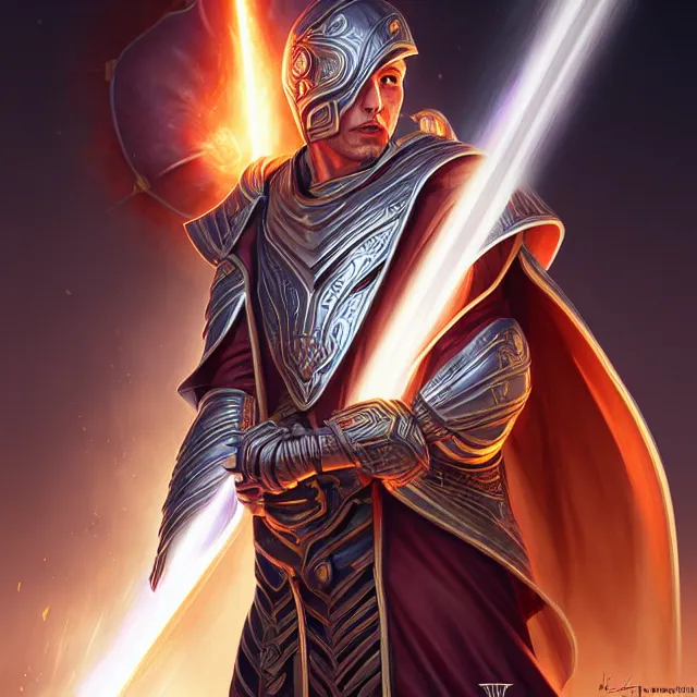 Image similar to elon musk cleric warrior with light powers, highly detailed, 4 k, hdr, smooth, sharp focus, high resolution, award - winning photo, artgerm, photorealistic