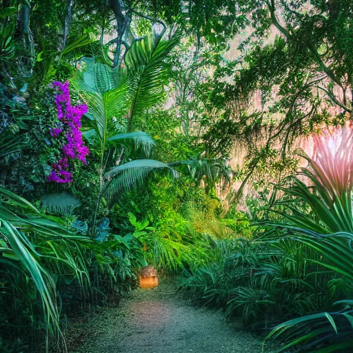 Image similar to an enchanted forest full of beautiful tropical flowers, with a sunset, by alex horley, bokeh photography, amaranth colour