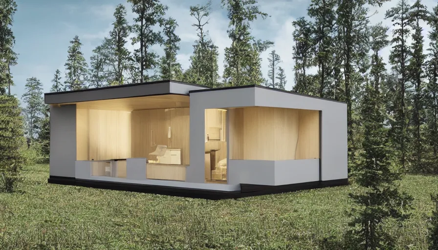 Image similar to A wide image of a full innovative contemporary prefab cabin with rounded corners, beveled edges, 3D printed line texture, made of cement, organic architecture, Designed by Gucci, Balenciaga, and Wes Anderson