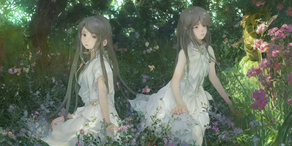 Prompt: a digital art of a loli with long hair in a dress in the privet garden at after noon, green and warm theme, back lighting, by krenz cushart and mucha and akihito yoshida and greg rutkowski and makoto shinkai, extremely long shot, detailed eyes, 4 k resolution, highly detailed, trending on art station