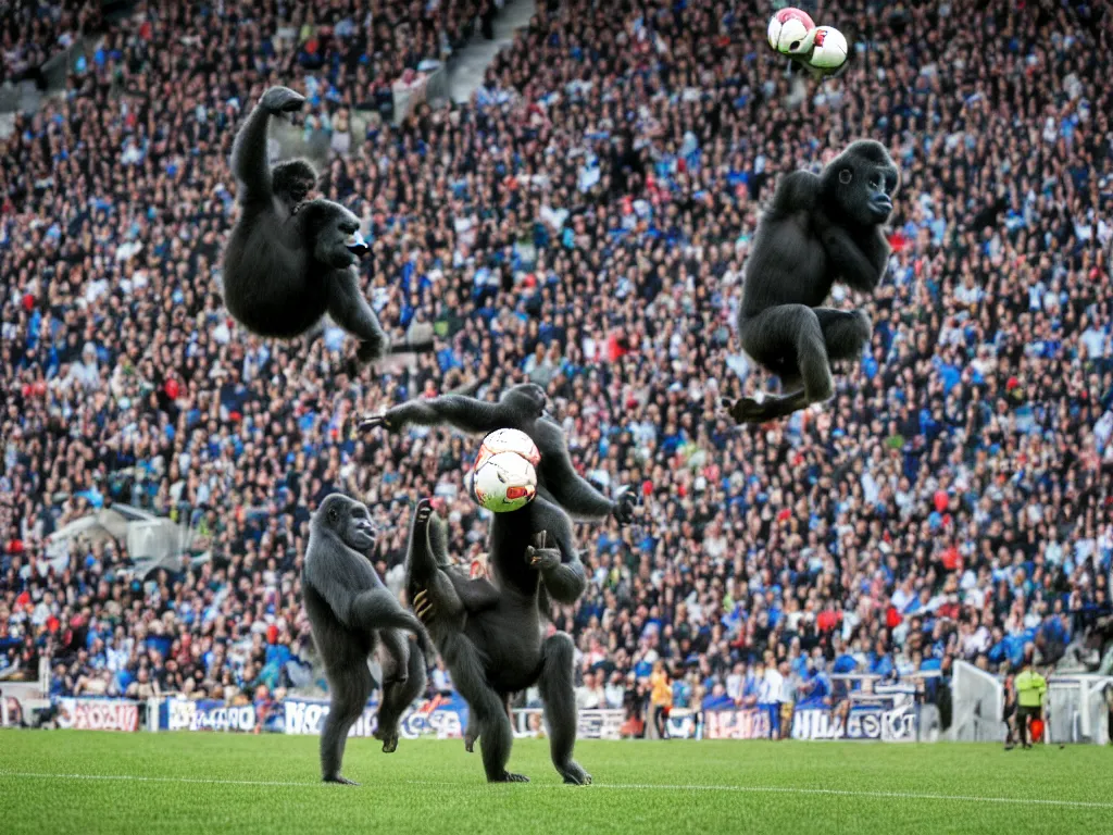 Image similar to a gorilla jumping to head the ball on a corner kick, vivid