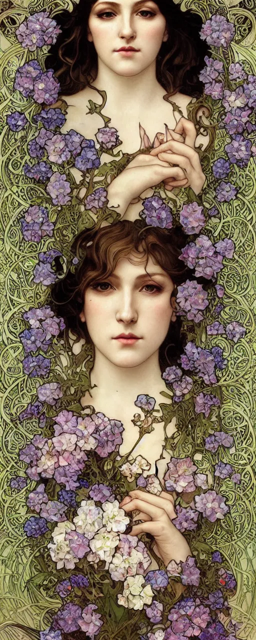 Prompt: Queen of Art Nouveau Hydrangea Flowers, a realistic detailed face portrait of Madonna by Alphonse Mucha, Ayami Kojima, Amano, Charlie Bowater, Karol Bak, Greg Hildebrandt, Jean Delville, and Mark Brooks, Art Nouveau, Neo-Gothic, gothic, rich deep moody colors, full frame