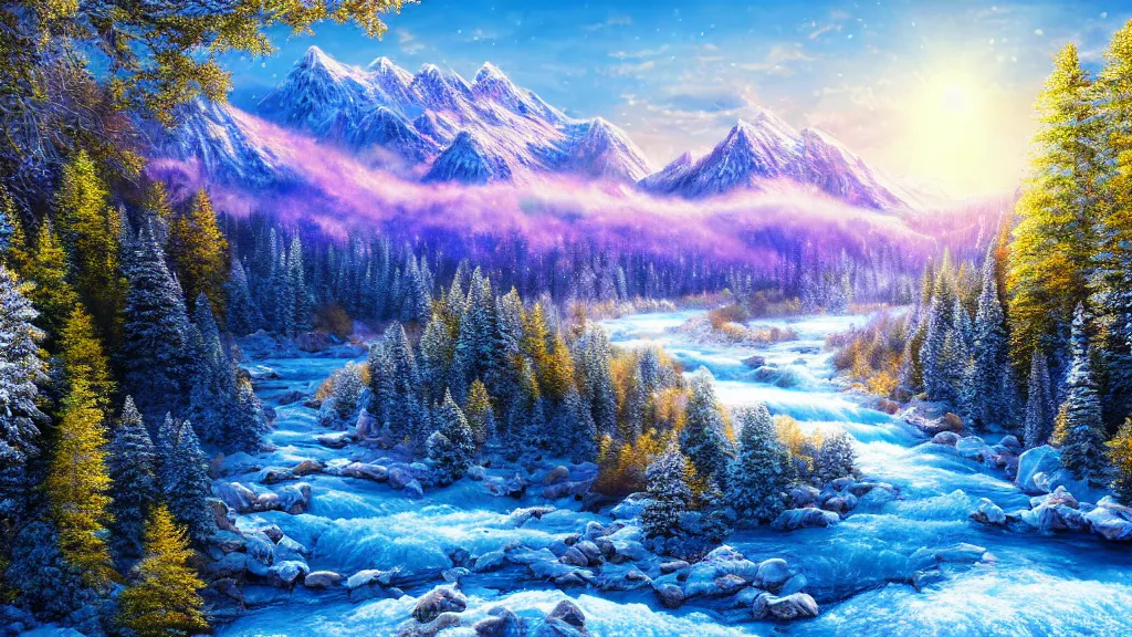 Image similar to a photorealistic portrait, stunningly beautiful colorful fantasy landscape, professionally retouched, soft lighting, hyper realistic, hyper detailed river, snow covered mountains, deciduous trees, beautifully detailed bright blue sky, big sun, wide angle, sharp focus, 8 k high definition, 6 4 megapixels, insanely detailed, stunningly beautiful