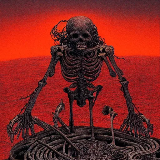 Prompt: A skeleton demon made of ethernet cables floating above a lake of fire in Hell by Beksinski and Jean Giraud Moebius