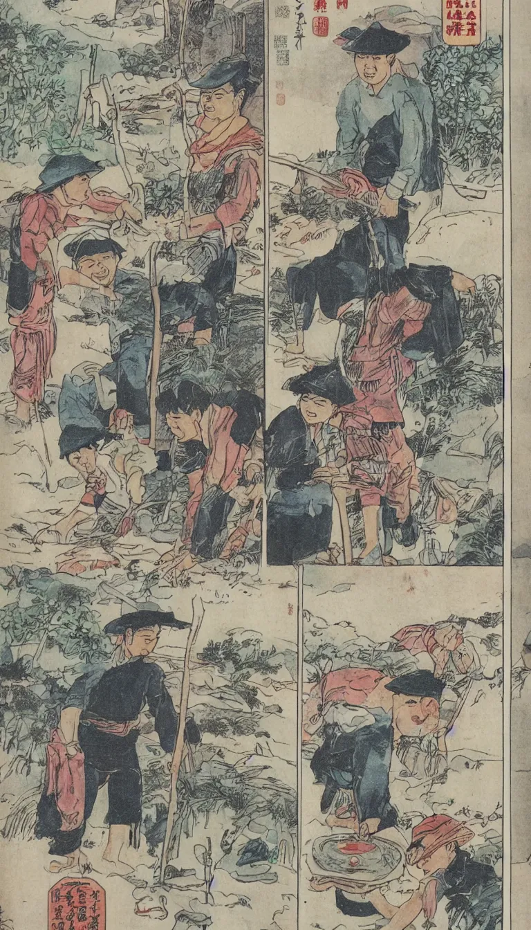 Prompt: comic book page of a chinese farmer with a rice hat