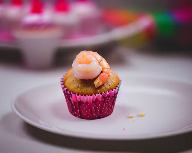 Image similar to dslr food photograph of a cupcake with colored frosting and a shrimp on top, 5 0 mm f 1. 4