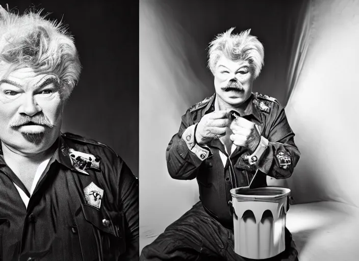 Image similar to photo still of rip taylor at a drug bust!!!!!!!! at age 5 4 years old 5 4 years of age!!!!!!! throwing confetti from a bucket, 8 k, 8 5 mm f 1. 8, studio lighting, rim light, right side key light