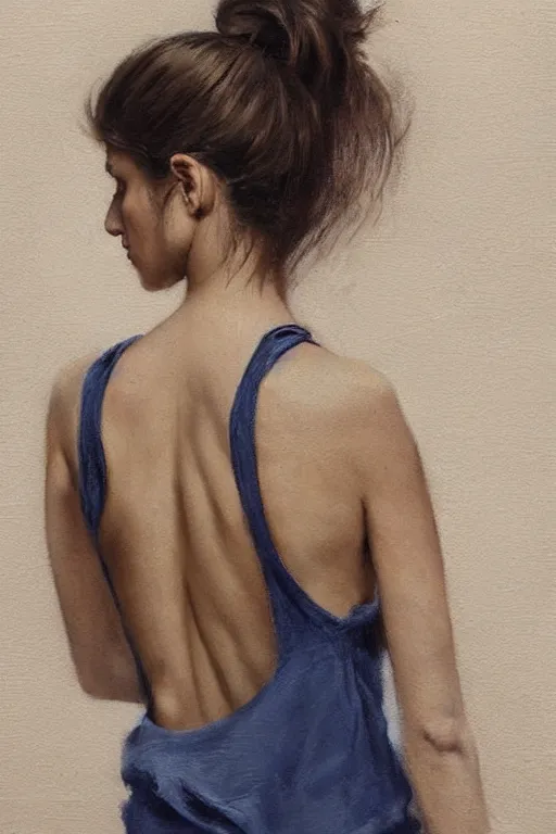 Prompt: girl with messy ponytail hairstyle, back view, blue camisole, shoulder tattoo, jeremy lipking, joseph todorovitch