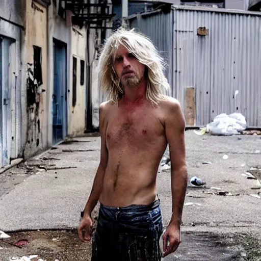 Prompt: A photo of a disheveled man, messy blonde hair, clear eyes, clean shaven, messy, shirtless, meth head, crack head, back alley, grungy, scars, trash barrels