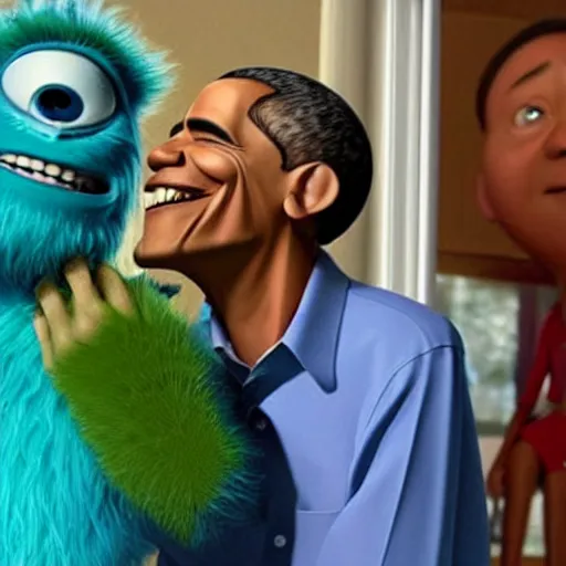 Image similar to Obama as a monster in the movie Monsters Inc::a kid is standing next to him::Happy and laughing