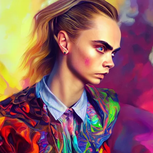 Prompt: cara delevingne, full body portrait colorful oil painting by android jones, john jean, yuumei, yanjun cheng, unreal 5, daz, hyperrealistic, octane render, rpg portrait, dynamic lighting, fantasy art, beautiful face