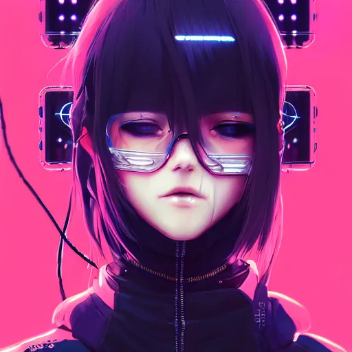 Image similar to by kyoto animation, cool girl wearing cyberpunk intricate streetwear, beautiful, detailed symmetrical close up portrait, intricate complexity, in the style of artgerm and ilya kuvshinov, cell shaded, 4 k, concept art, by wlop, krenz cushart, greg rutkowski, pixiv. cinematic dramatic atmosphere, cinematic lighting, studio quality