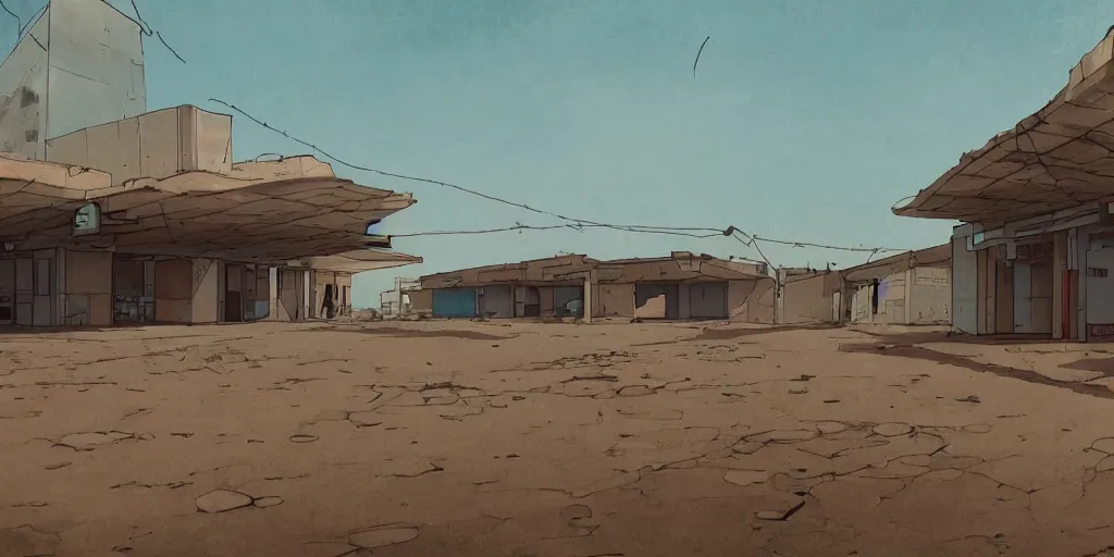 Prompt: an old and abadoned israeli bus station in the negev, without people, noon, sunlights, wide shot, digital art, ghibli style, vivid colors, flat colors, trending on artstation, high quality