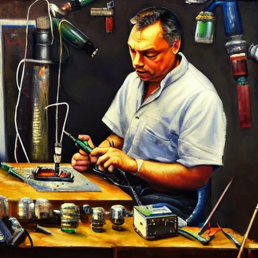 Image similar to viktor orban soldering in a workshop, oil painting