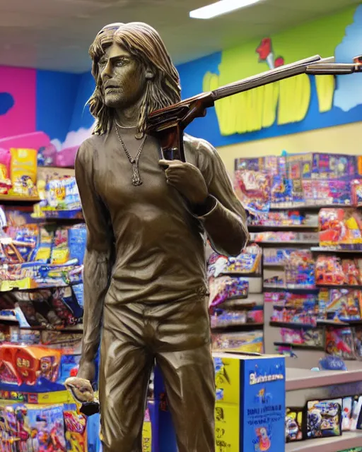 Image similar to photograph of bronze statue of kurt cobain holding a shotgun in a toys r us, photo - realism, 8 k, cinematic,