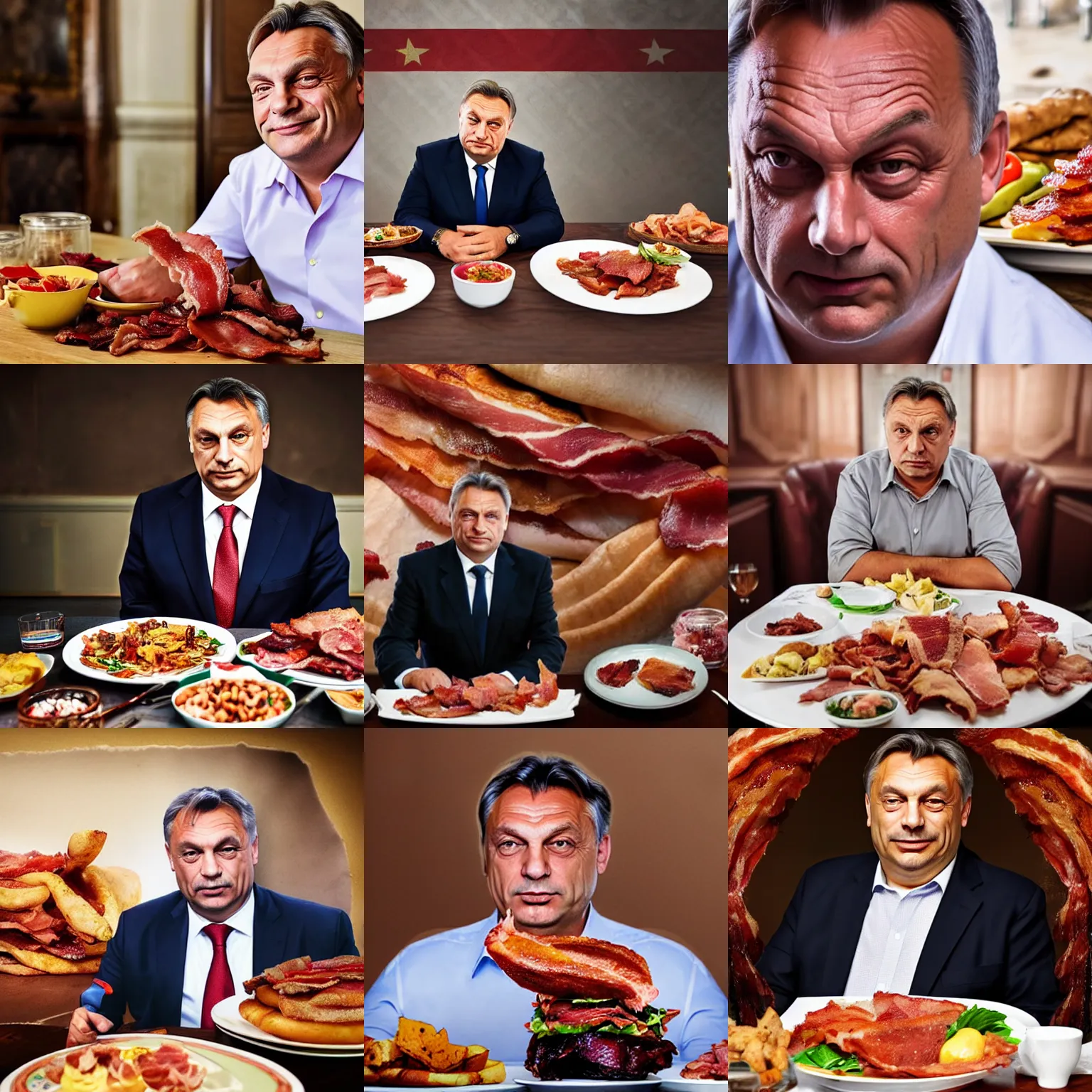 Prompt: portrait of viktor orban proudly sitting behind a table full of bacon, octane renderer