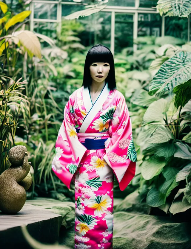 Prompt: photograph of a beautiful Japanese woman wearing a pretty kimono in a tropical greenhouse, by Annie Leibowiz and Alessio Albi, extremely detailed, large format camera, Kodak Portra 400, bokeh, blurred background, photorealistic