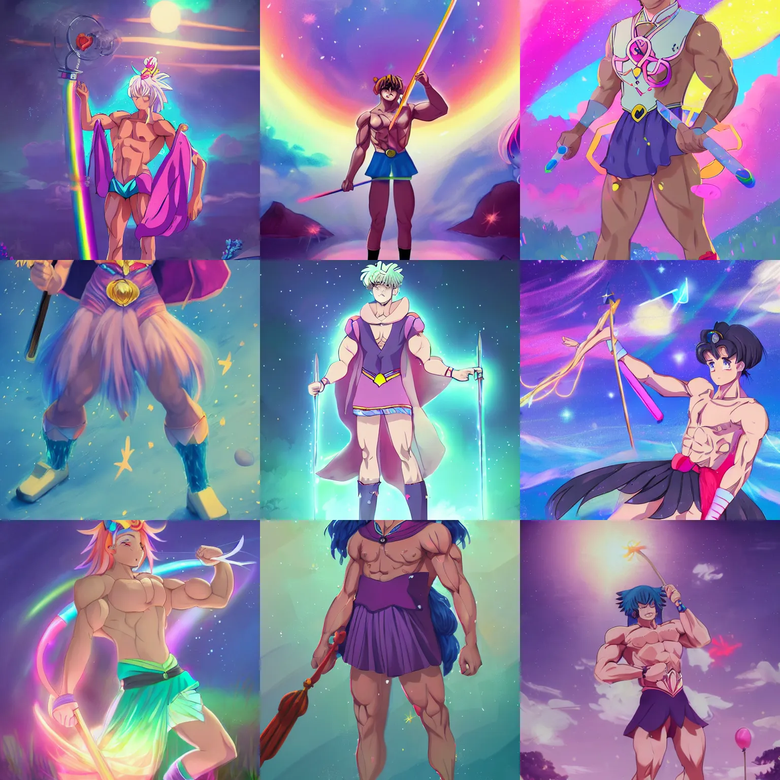 Prompt: crossdressing magical man in anime style, colorful dress, transformation, holding wands, illustration, very hairy, muscular, male, body builder, digital painting, artstation, simon stalenhag, epic, stunning, rainbows, sailor moon, hdr, highly detailed