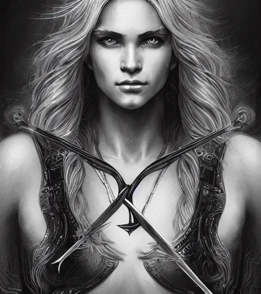 Image similar to portrait of beautiful aphrodite goddess as an archer warrior, arrow, beautiful piercing eyes, flowing blonde hair, realistic face, black and white drawing, in the style of greg rutkowski, fantasy, amazing detail, epic, intricate, elegant, smooth, sharp focus